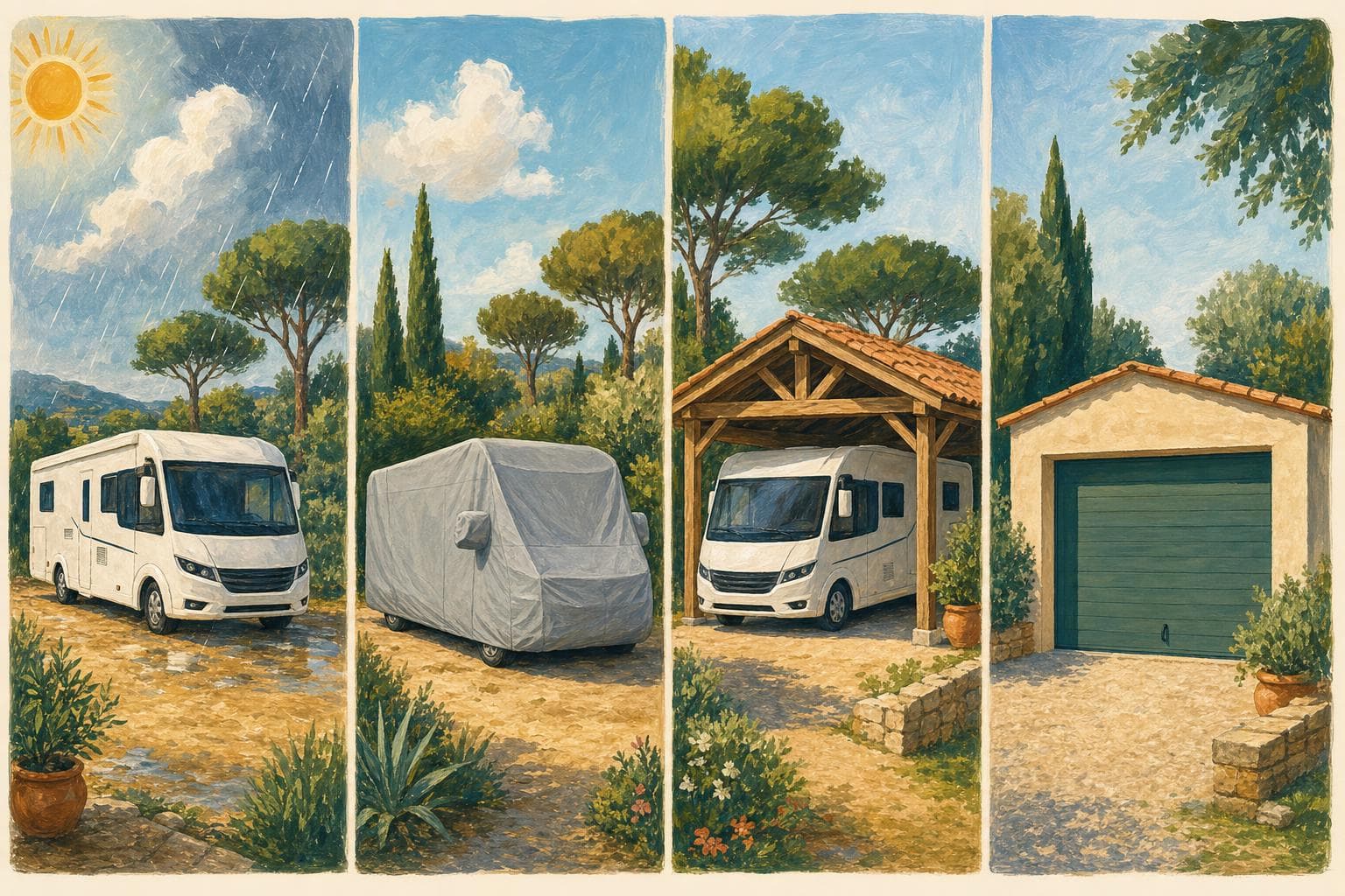 Illustration peinte comparant quatre façons de protéger un camping-car intégral blanc : dehors en plein air, sous une housse respirante grise, sous un carport en bois ouvert, et dans un garage fermé