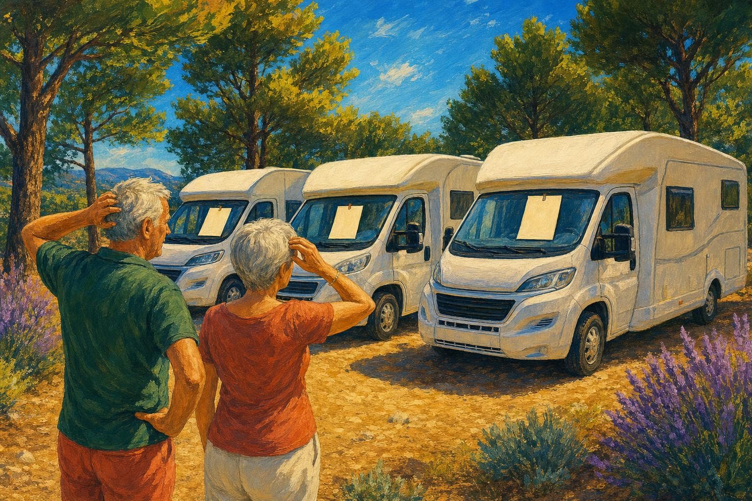 Illustration gouache : un couple perplexe compare des camping-cars aux prix affichés