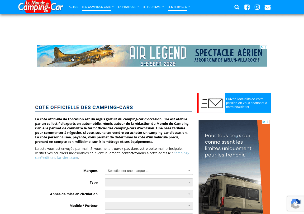 Page de cote officielle des camping-cars du site Le Monde du Camping-car, avec un formulaire marque, type, année et modèle