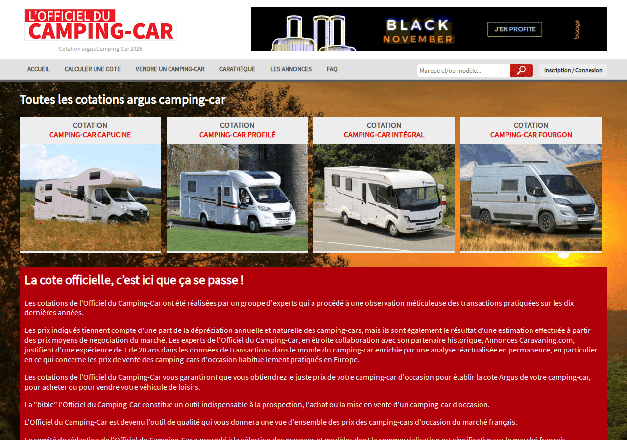 Page d’accueil de L’Officiel du Camping-car présentant les cotations argus par type : capucine, profilé, intégral et fourgon