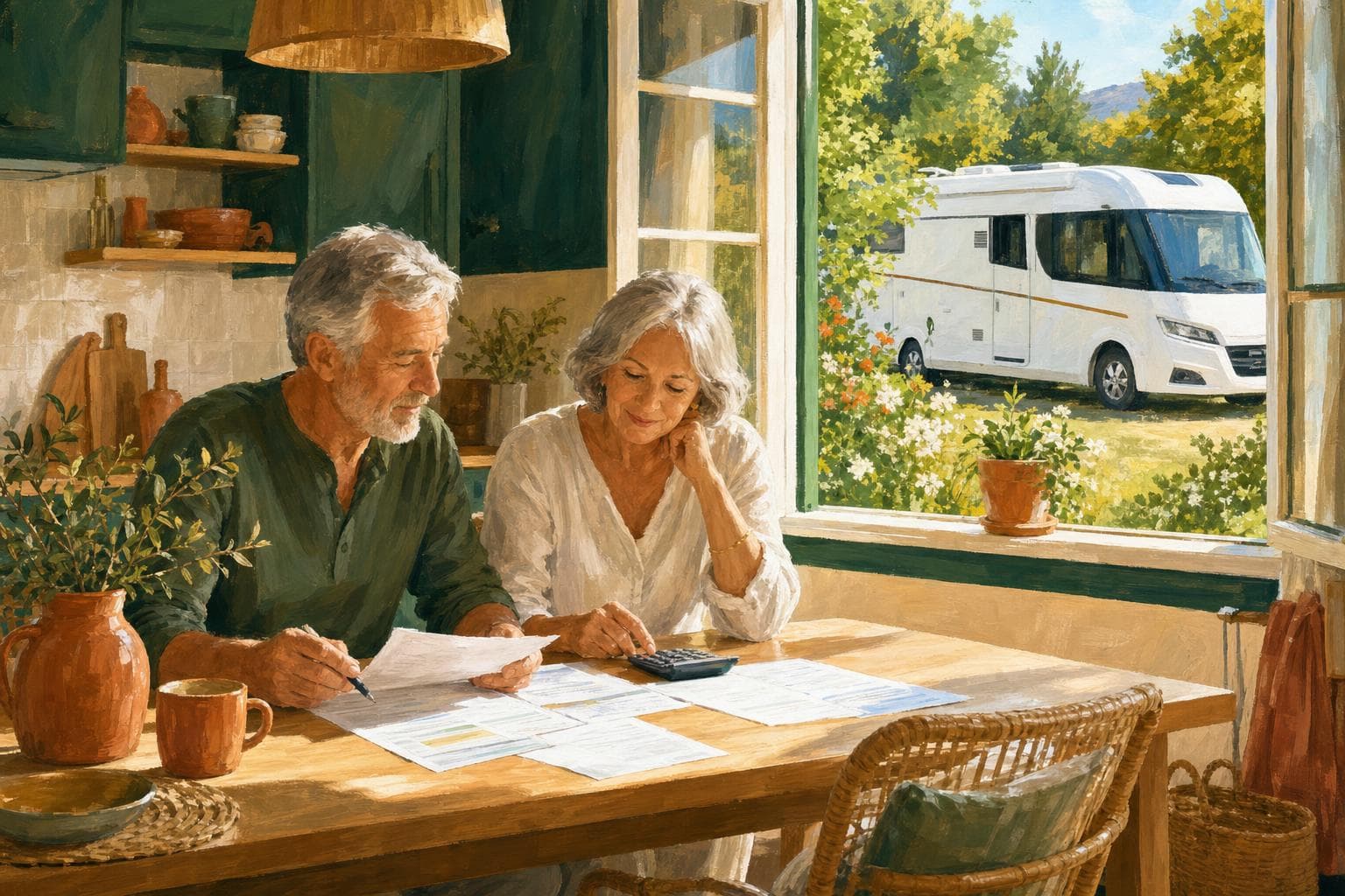 Illustration gouache : couple senior étudiant son plan de financement devant un camping-car