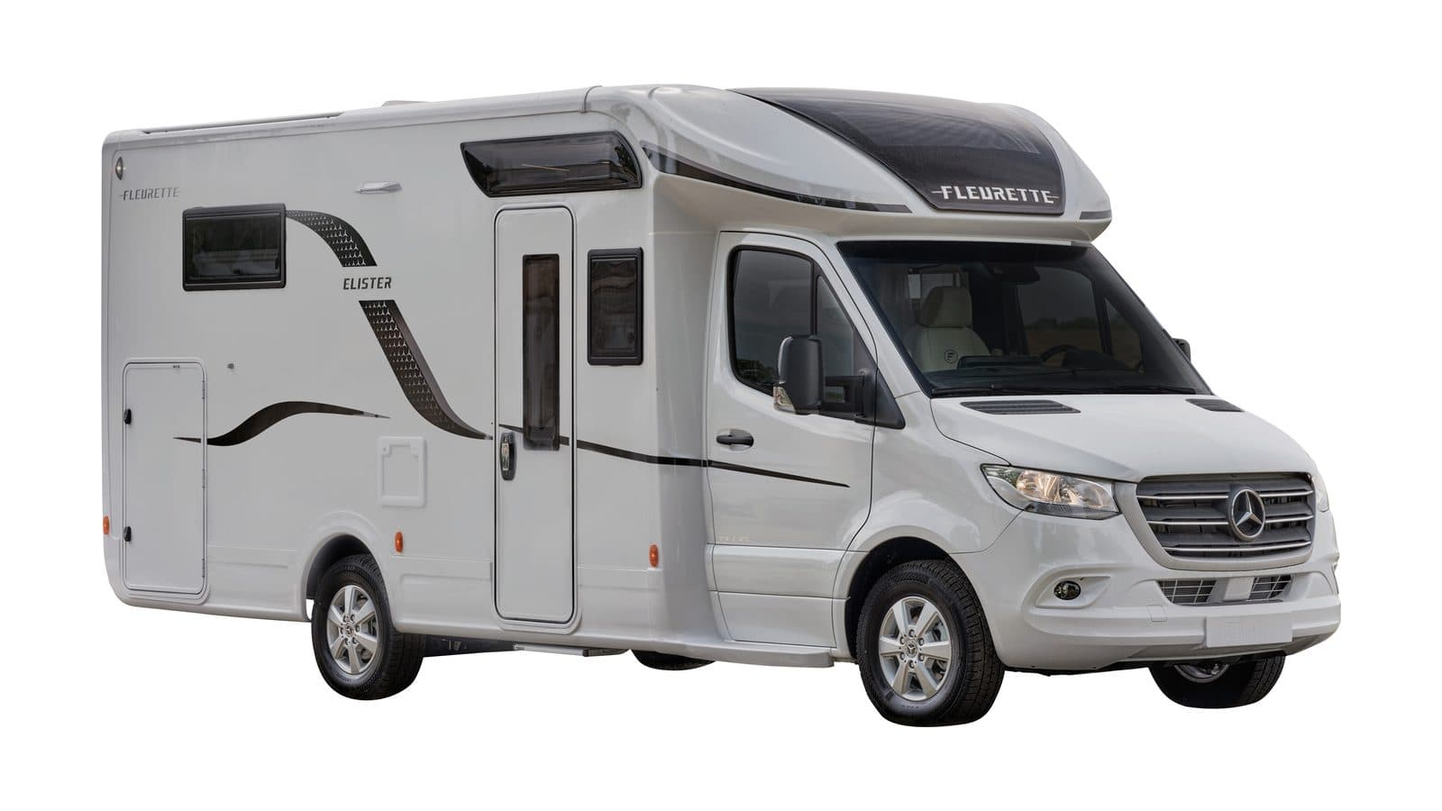 Camping-car profilé Fleurette Elister gris clair sur Mercedes Sprinter, vu de trois-quarts avant, casquette au décor sombre