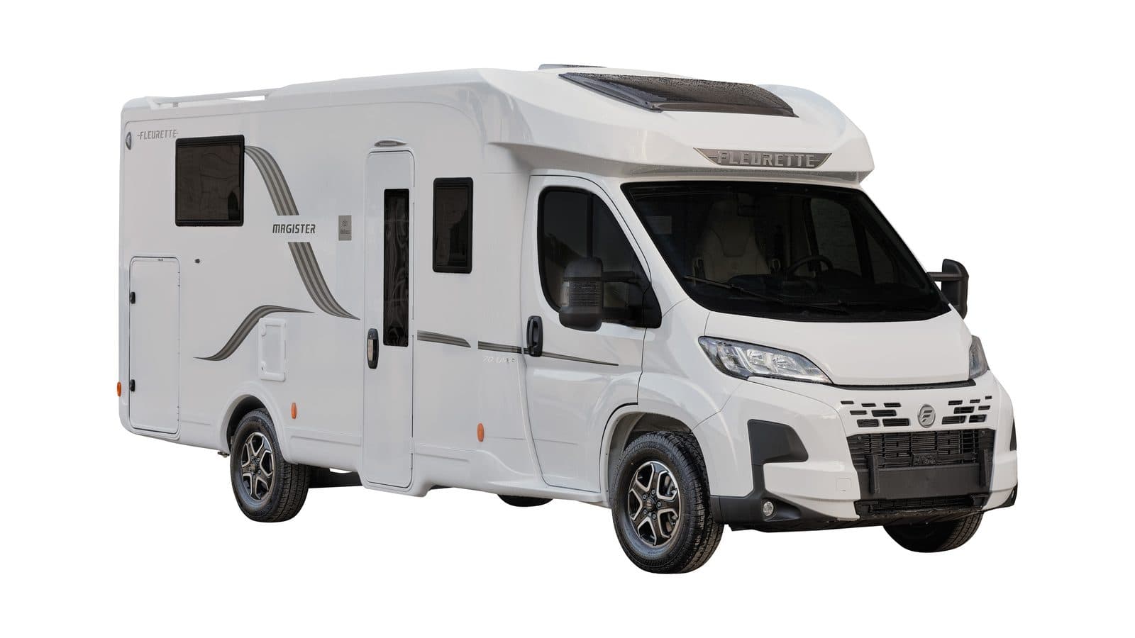 Camping-car profilé Fleurette Magister 70 LMF blanc vu de trois-quarts avant, sur Fiat Ducato, avec décor gris Magister sur le flanc