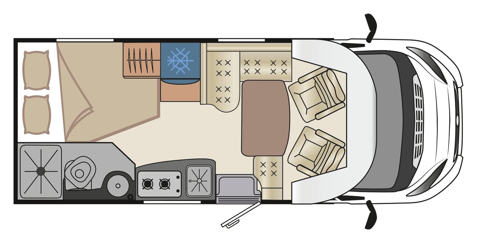 Plan vu de dessus du Fleurette Migrateur 60 LG : lit double à l’arrière gauche, salle d’eau et cuisine à droite, salon en L et sièges cabine pivotants à l’avant