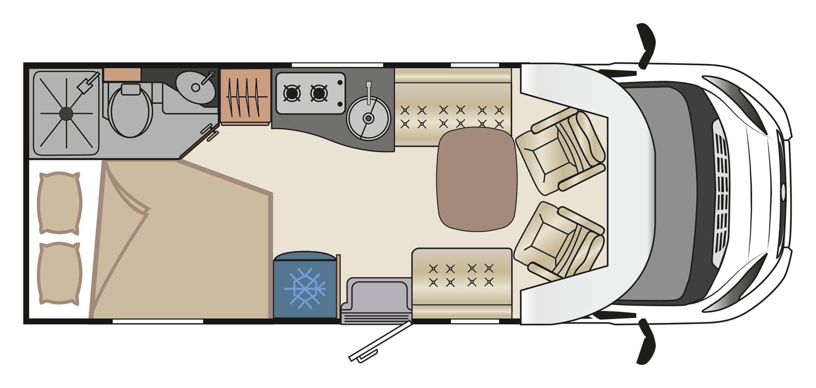 Plan vu de dessus du Fleurette Migrateur 64 LDF : lit double à l’arrière droit, salle d’eau à l’arrière gauche, cuisine au centre et salon face à face à l’avant