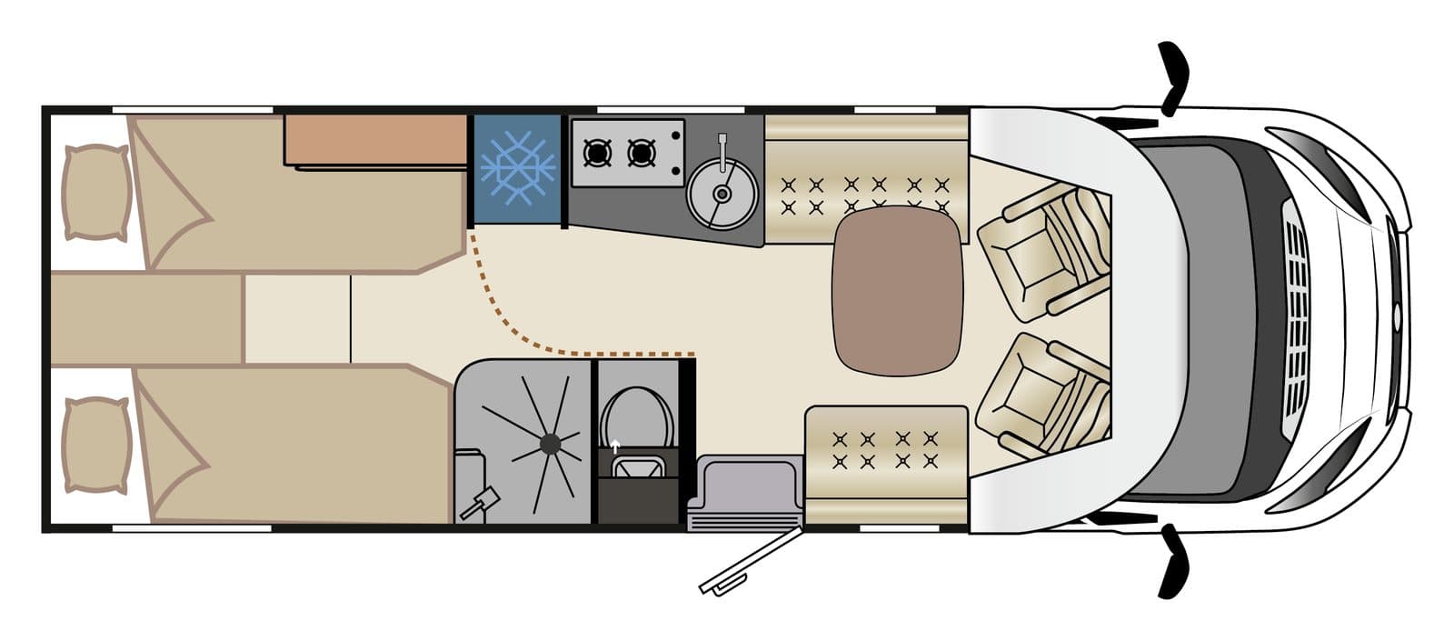 Plan vu de dessus du Fleurette Migrateur 69 LJG : deux lits jumeaux à l’arrière, salle d’eau et toilettes au centre côté droit, cuisine à gauche, salon face à face à l’avant