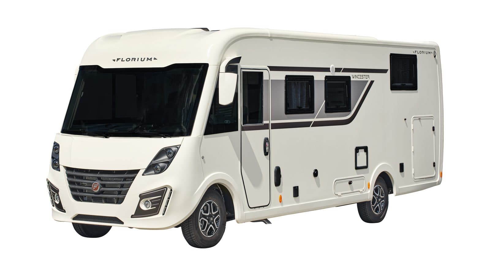 Camping-car intégral Florium Wincester 75 LMF à carrosserie ivoire, vu de trois-quarts avant avec grand pare-brise et porte cellule