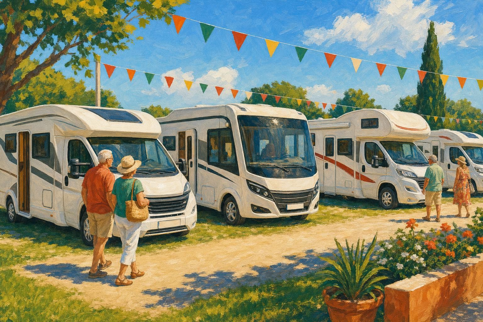 Rangée de camping-cars variés sur une concession ensoleillée, gouache