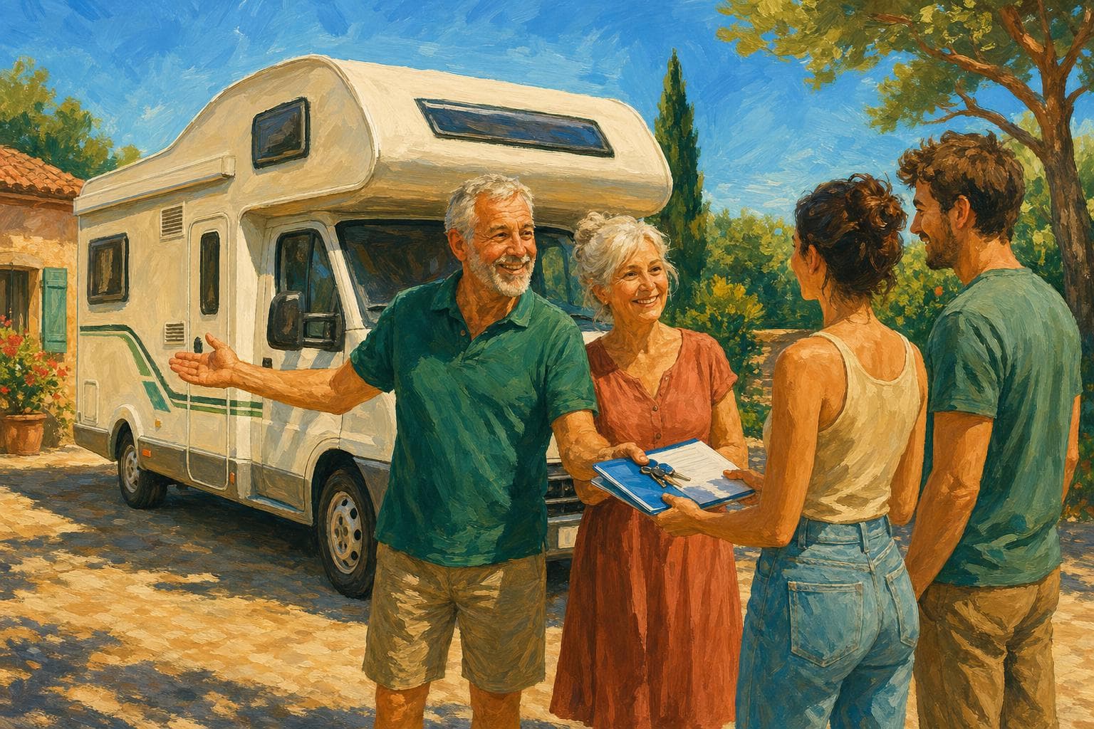 Illustration gouache : remise des clés d’un camping-car entre vendeur et acheteur