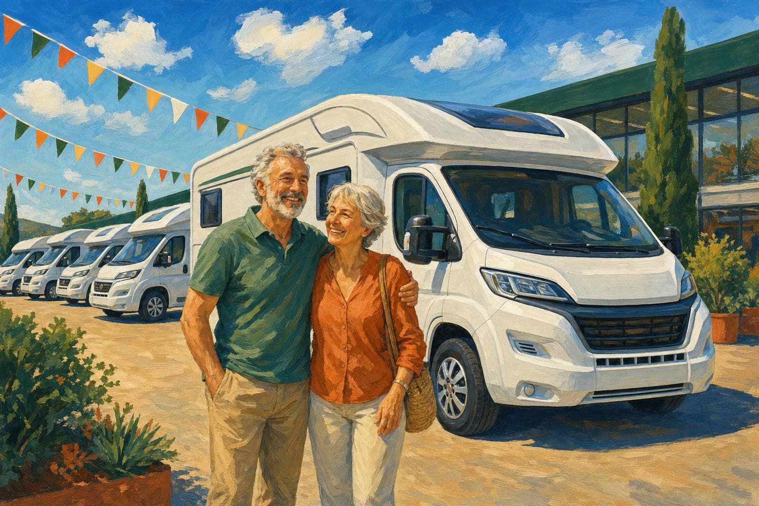 Illustration gouache : camping-car neuf en concession