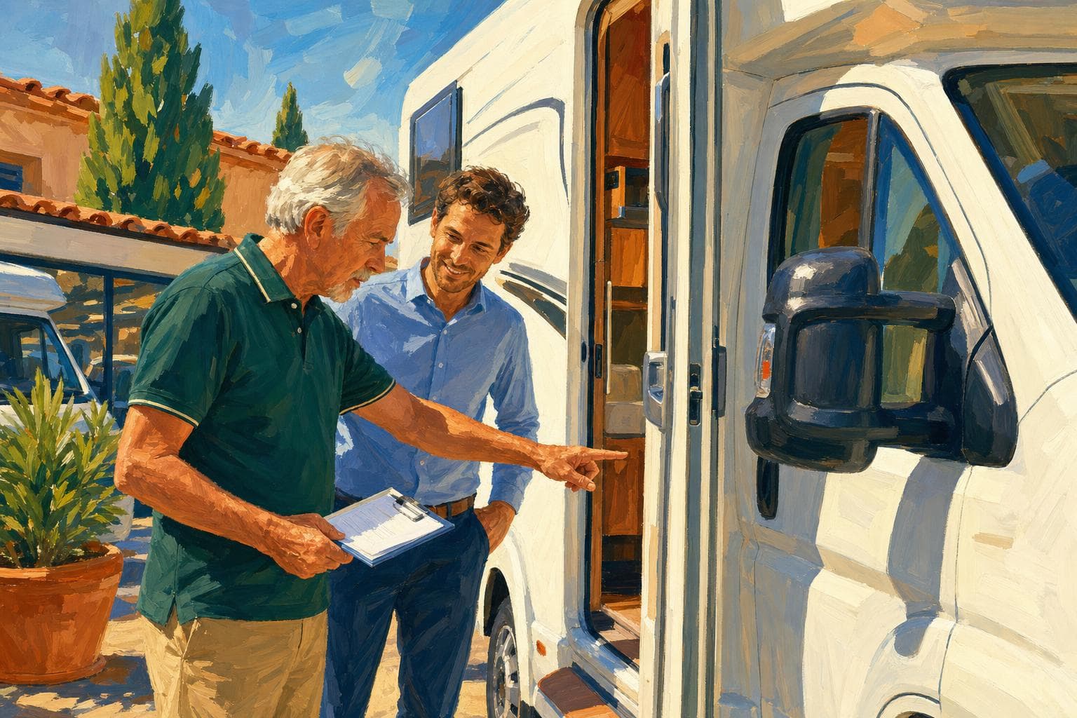 Un homme senior inspecte la porte de cellule ouverte d’un camping-car neuf lors de la livraison, une checklist papier à la main, aux côtés d’un conseiller de la concession