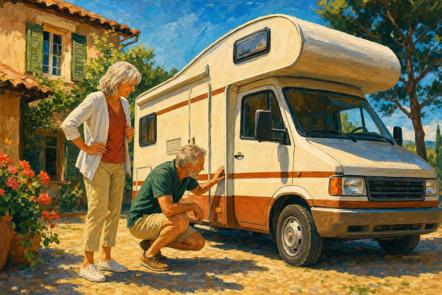 Illustration gouache : couple examinant un camping-car d’occasion