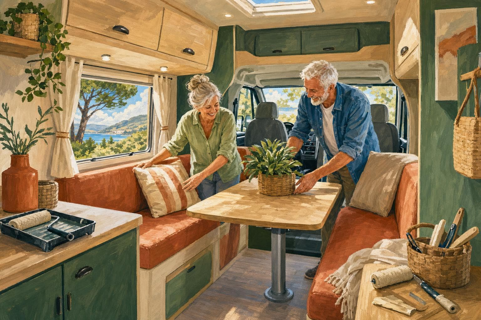 Intérieur de cellule de camping-car rénové et lumineux peint à la gouache : dînette aux coussins refaits dans des tons terracotta et sable, meubles repeints, sol vinyle clair, couple de seniors souriant en arrangeant la table