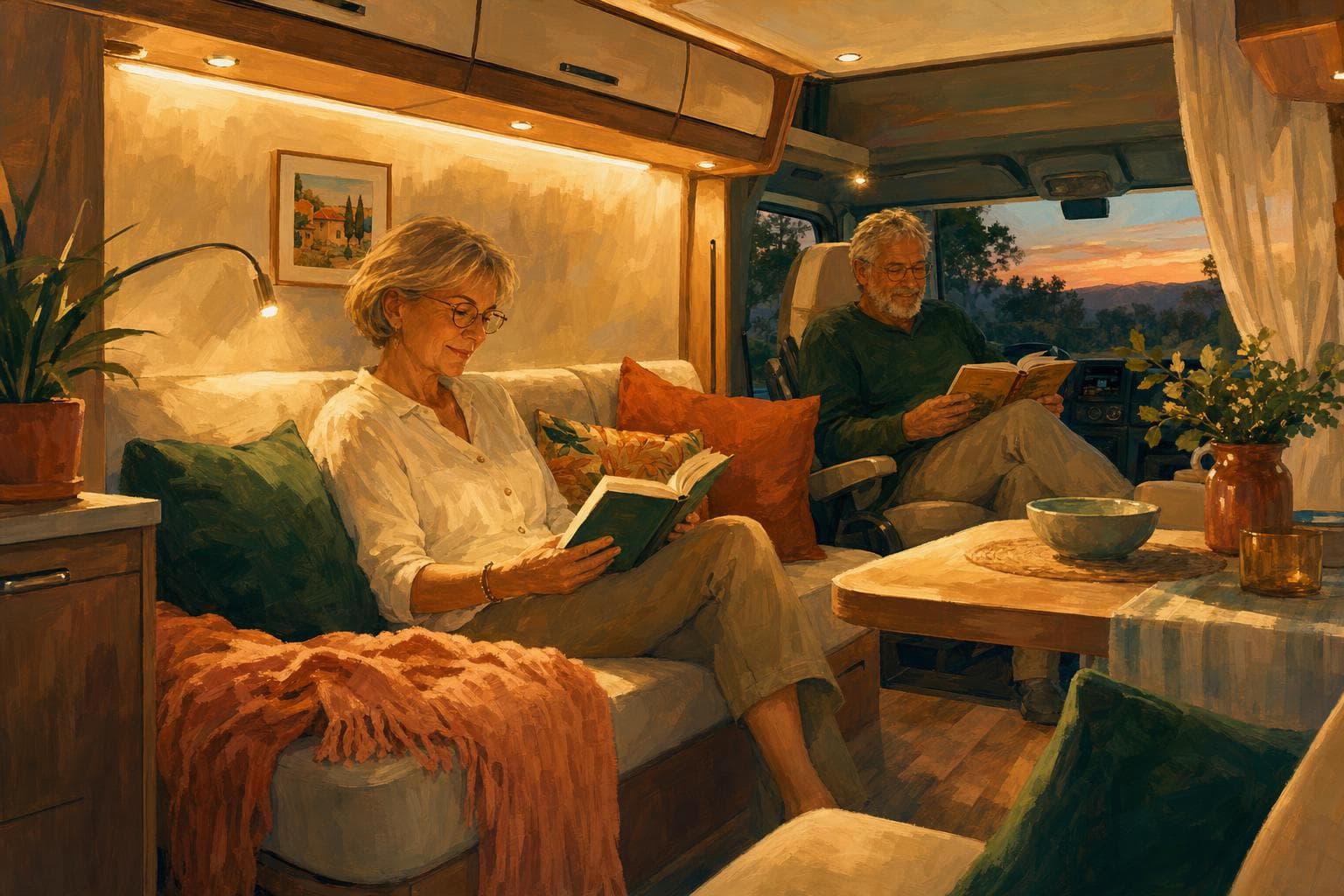 Intérieur chaleureux d’une cellule de camping-car au crépuscule peint à la gouache : un ruban LED blanc chaud sous les placards hauts, de petits spots LED encastrés au plafond, une liseuse à col de cygne, un couple senior lisant dans la lumière dorée, coussins et plaid léger, un petit cadre au mur
