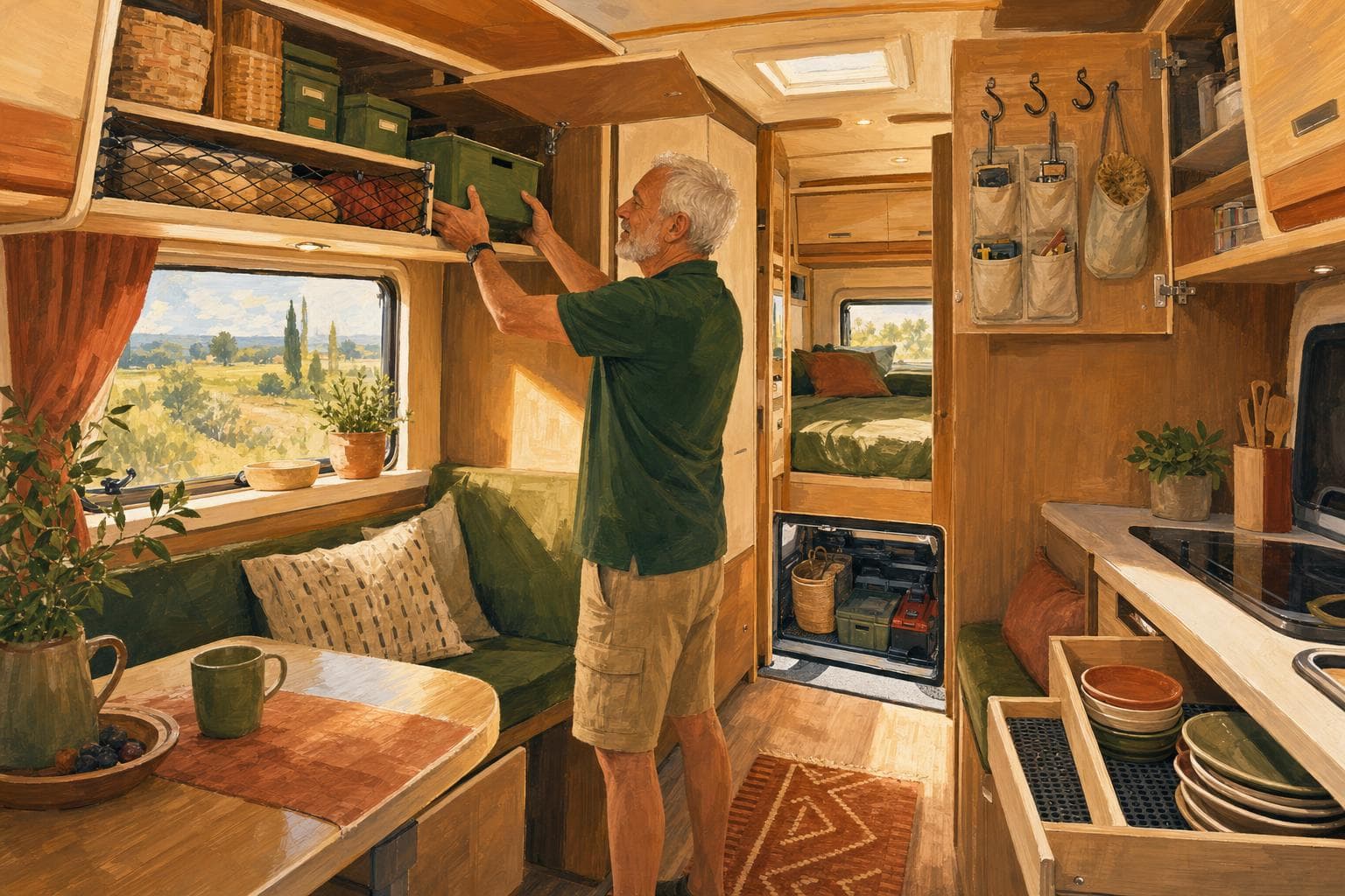 Intérieur de cellule de camping-car peint à la gouache, bien organisé : placards hauts ouverts avec des boîtes étiquetées et un filet de rangement, un organiseur à poches et des crochets en S sur la porte d’un placard, une soute arrière ouverte en bas avec le matériel lourd, un tiroir garni d’un tapis antidérapant sous une pile d’assiettes, un homme senior rangeant une caisse