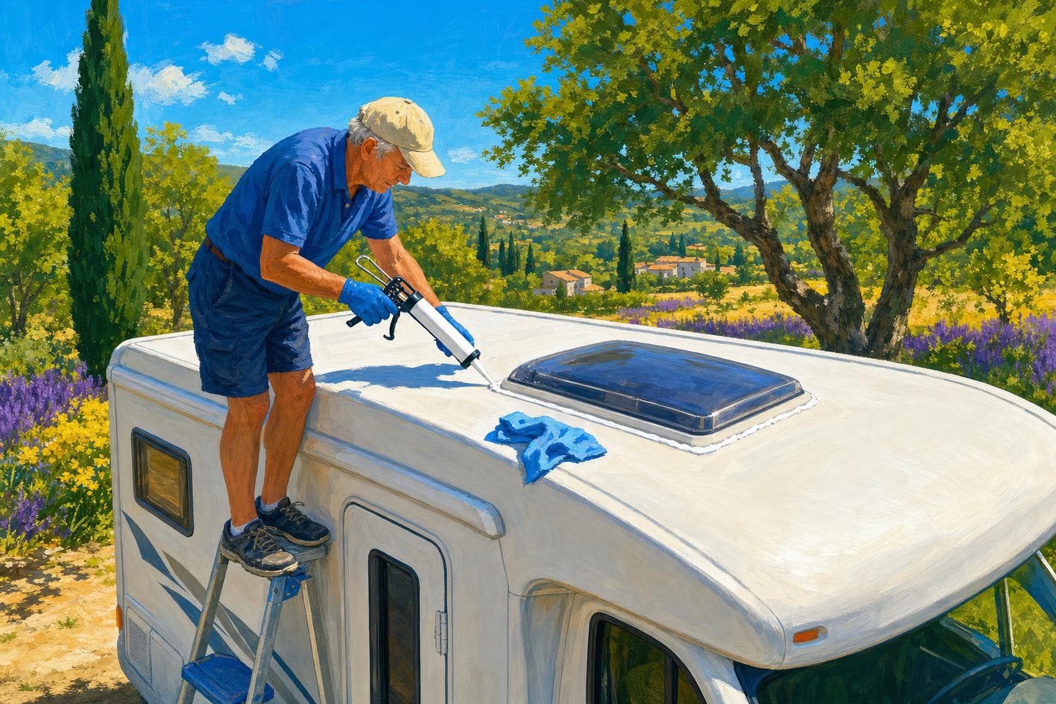 Une personne applique un cordon de mastic frais au pistolet le long du cadre d’un lanterneau sur le toit d’un camping-car blanc, un ancien joint craquelé visible à côté pour comparaison
