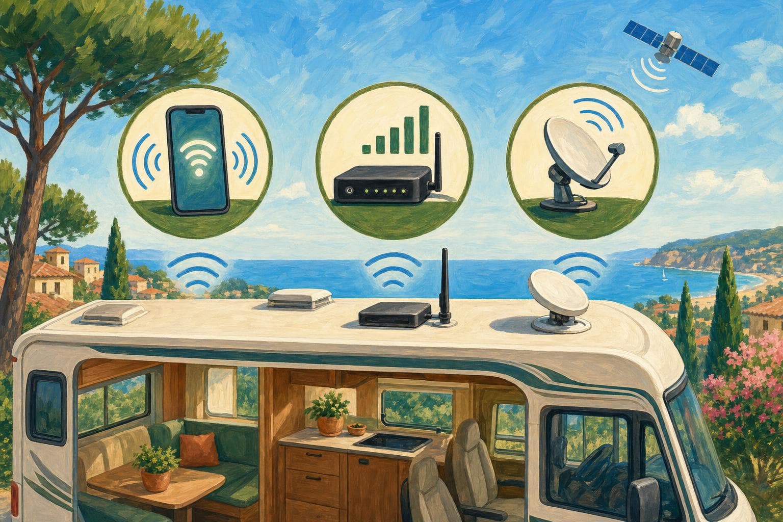Illustration gouache : le toit d’un camping-car avec les trois façons de se connecter à internet — partage de connexion smartphone, routeur 4G/5G avec antenne extérieure, et petite parabole Starlink pointée vers le ciel