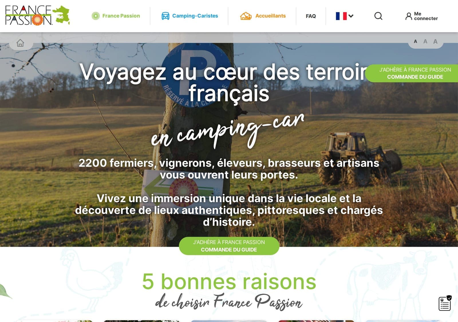 Page d’accueil du site officiel france-passion.com : « Voyagez au cœur des terroirs français en camping-car », 2 200 fermiers, vignerons et artisans