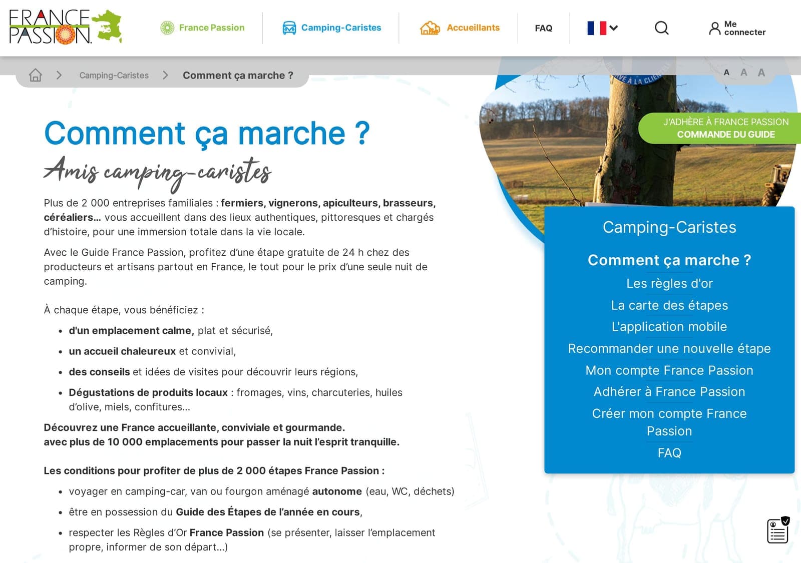 Page « Comment ça marche » du site officiel france-passion.com : étape gratuite de 24 h, emplacement calme, accueil chaleureux, et conditions d’autonomie du véhicule