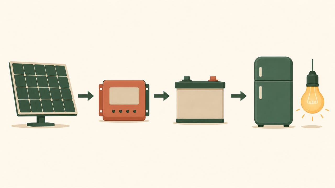Schéma : panneau solaire → régulateur → batterie → appareils (frigo, ampoule)