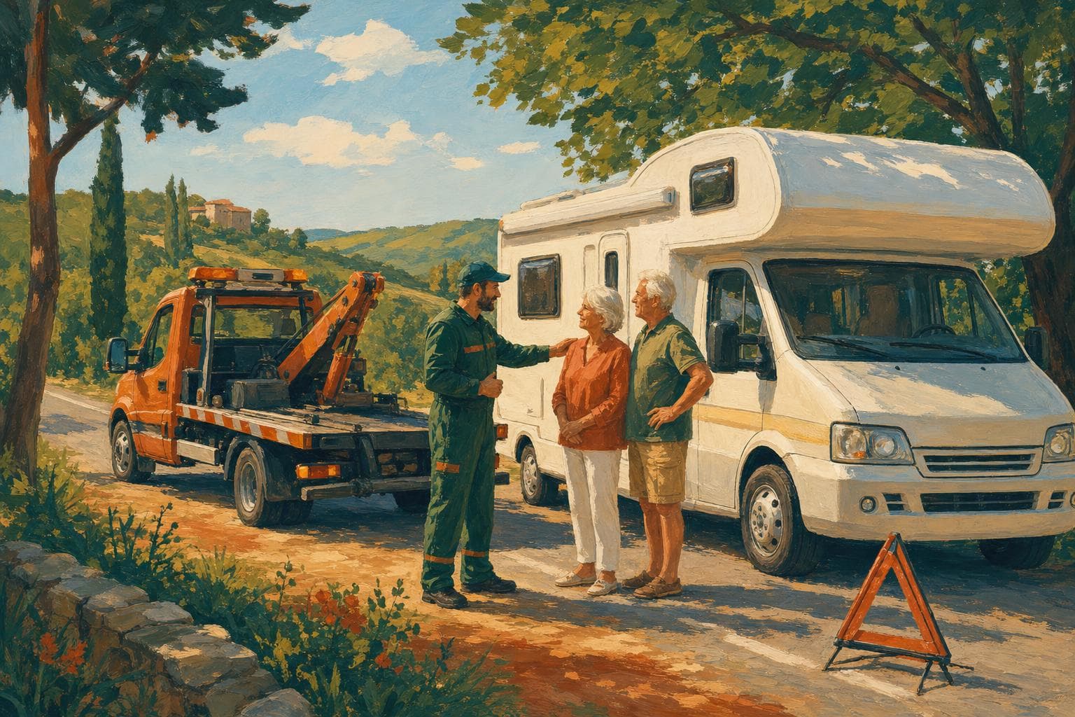 Illustration gouache d’une dépanneuse portant secours à un camping-car capucine sur le bord d’une route de campagne, avec le triangle de signalisation posé