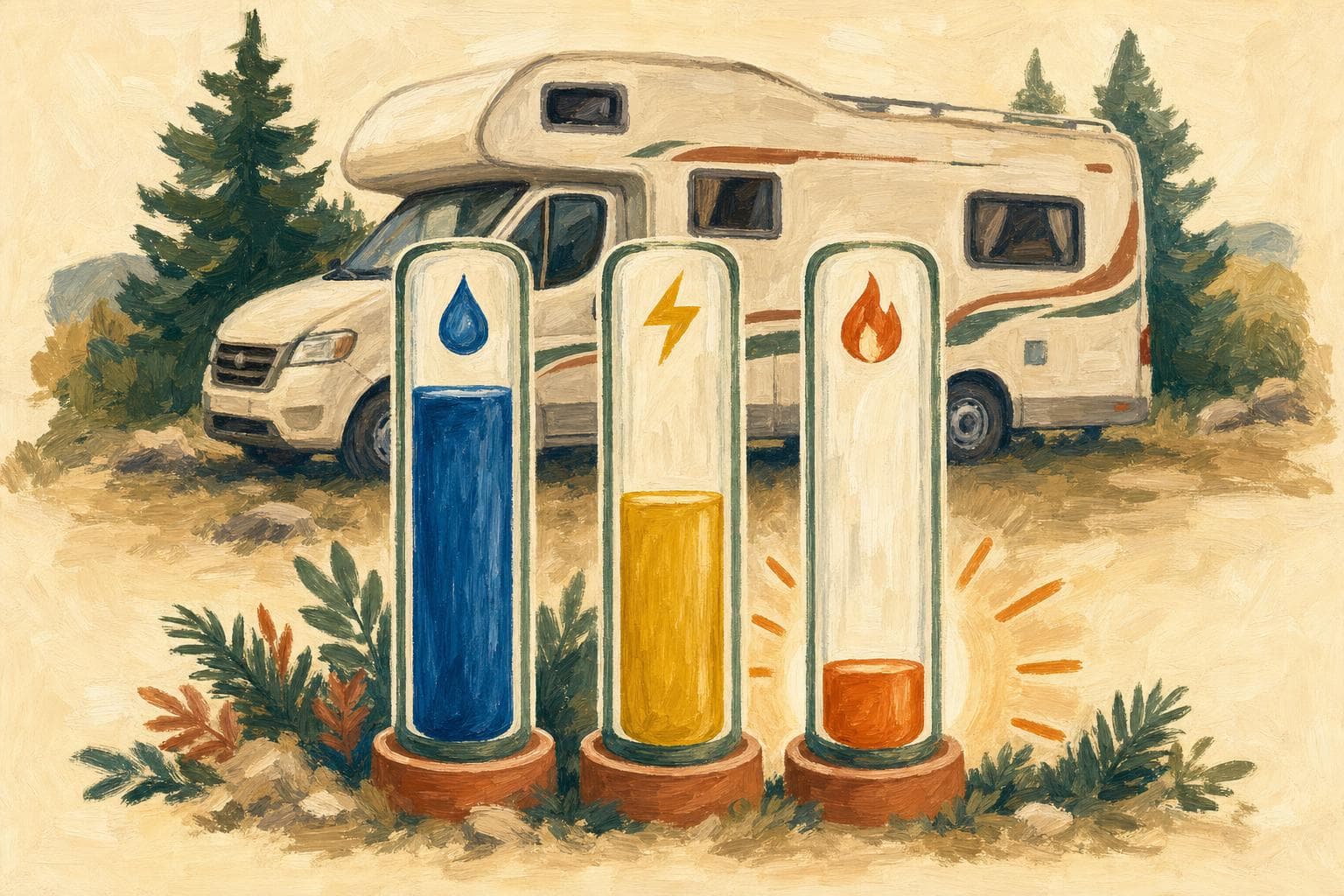 Illustration de trois jauges verticales représentant les réserves d’un camping-car : l’eau (bleue, aux trois quarts pleine), l’électricité (jaune, à moitié) et le gaz (orange, presque vide) — c’est la jauge la plus basse qui décide de l’autonomie
