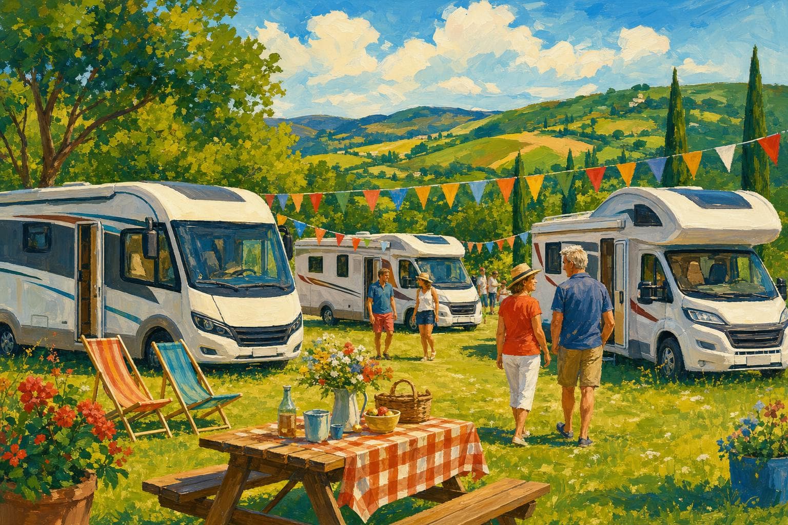 Illustration gouache : rassemblement estival de camping-cars intégraux et capucines dans un pré ensoleillé, guirlandes de fanions colorés entre les véhicules et quelques personnes qui déambulent