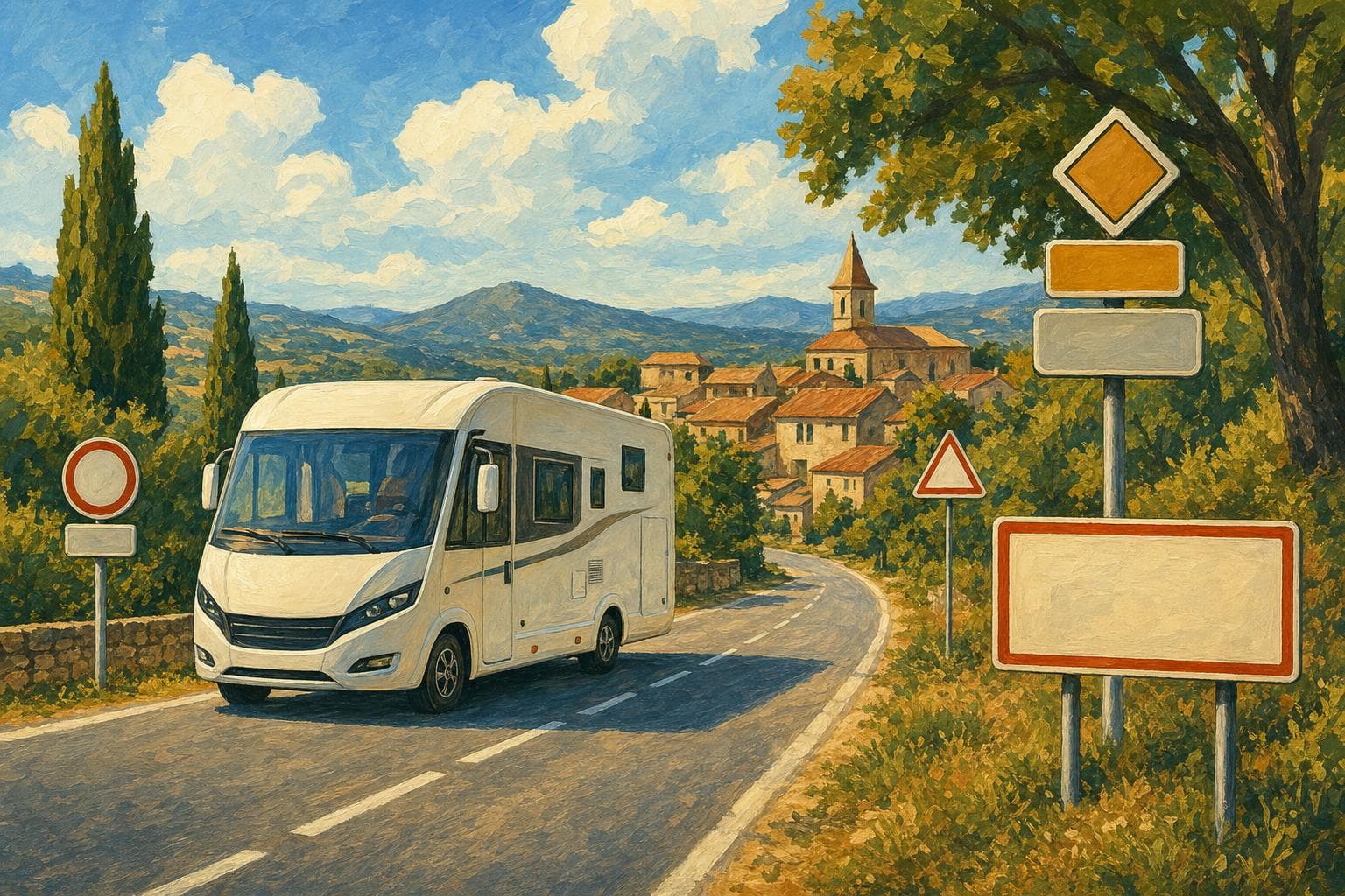 Illustration gouache : camping-car devant des panneaux routiers français