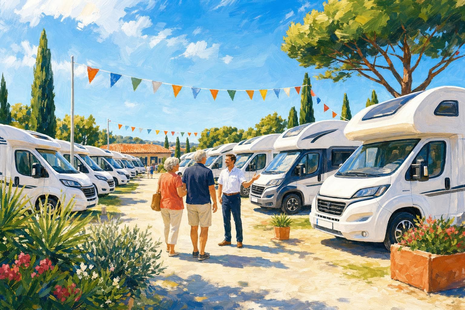 Illustration gouache : parc de camping-cars neufs et d’occasion en concession