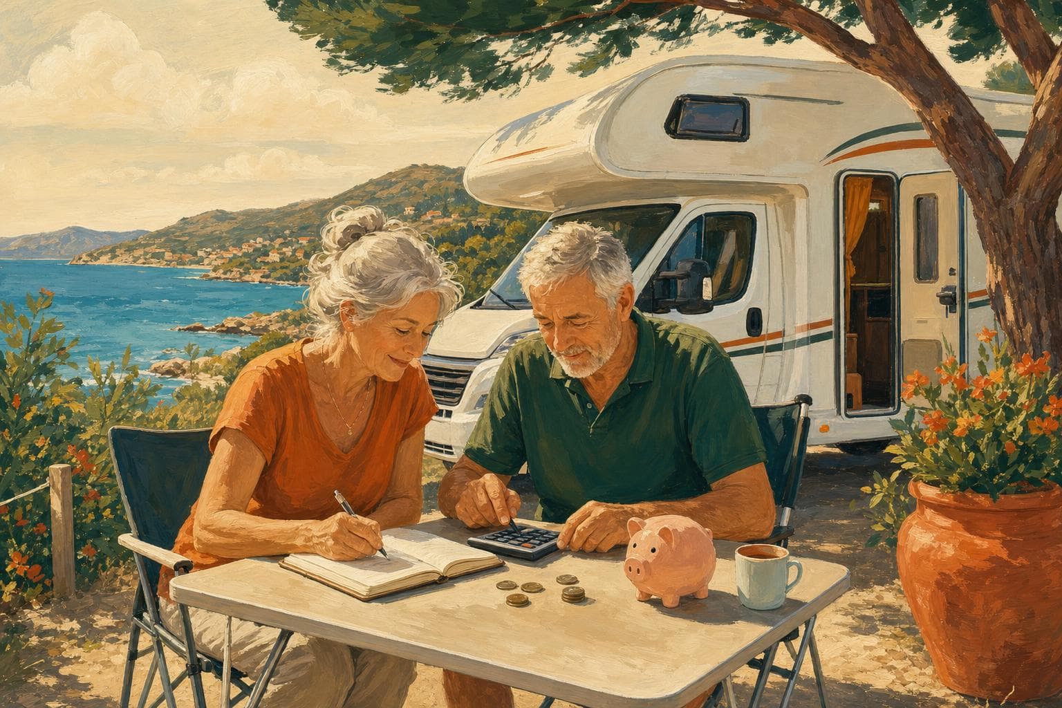 Illustration gouache : couple senior calculant son budget camping-car