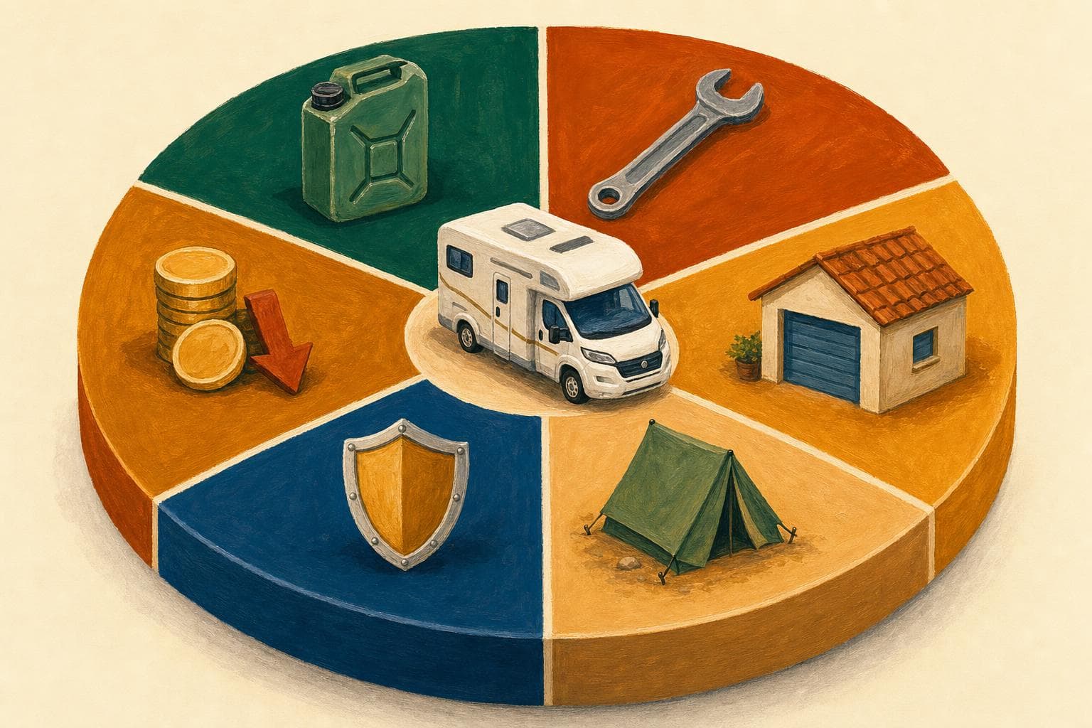 Illustration gouache d’un camembert des postes de dépense d’un camping-car : carburant, entretien, remisage, assurance, nuits et décote, autour d’un petit camping-car peint
