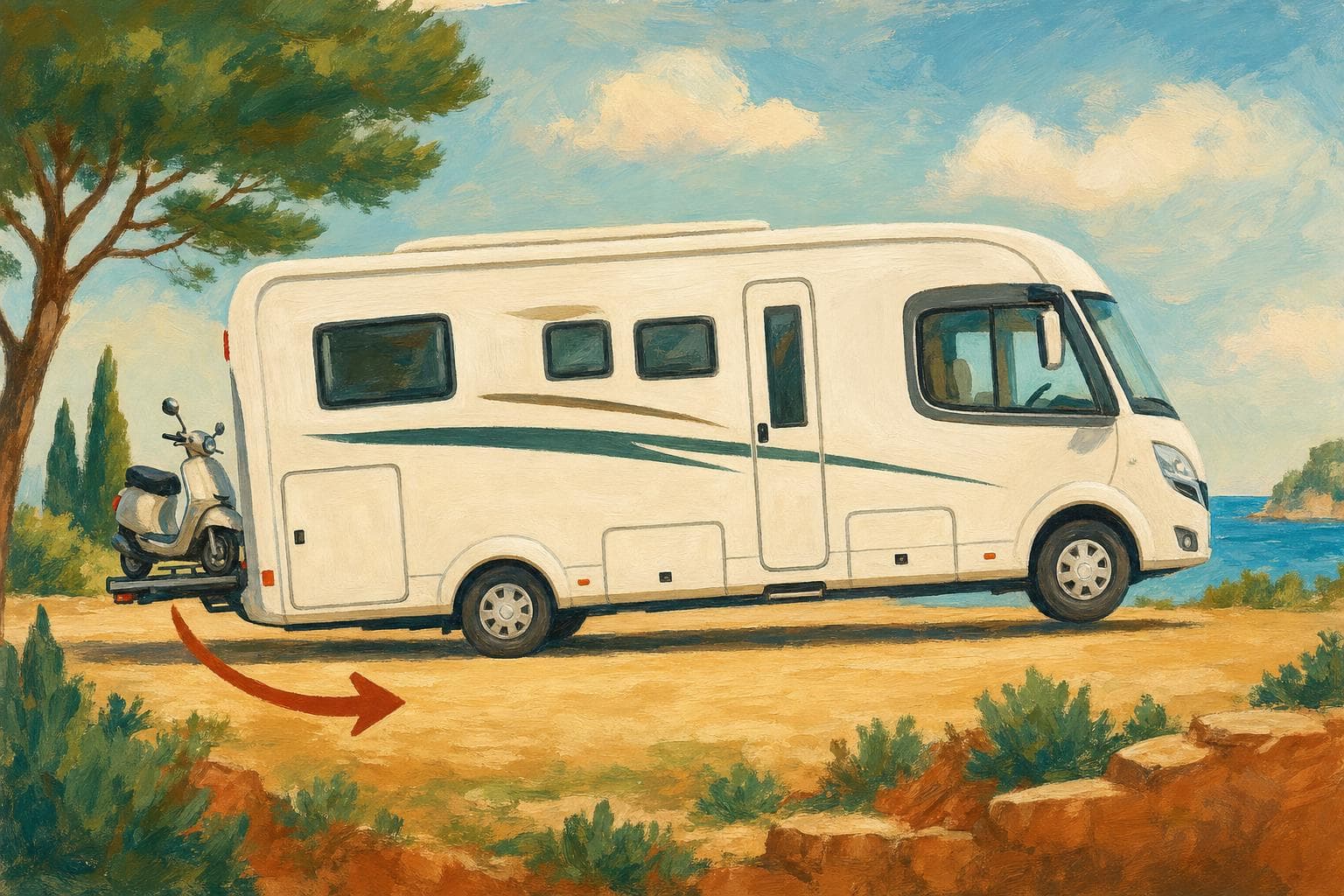 Schéma peint d’un camping-car de profil chargé à l’arrière (moto sur porte-moto, soute pleine) : l’arrière s’affaisse derrière l’essieu arrière et l’avant se relève, illustrant l’effet de levier du porte-à-faux