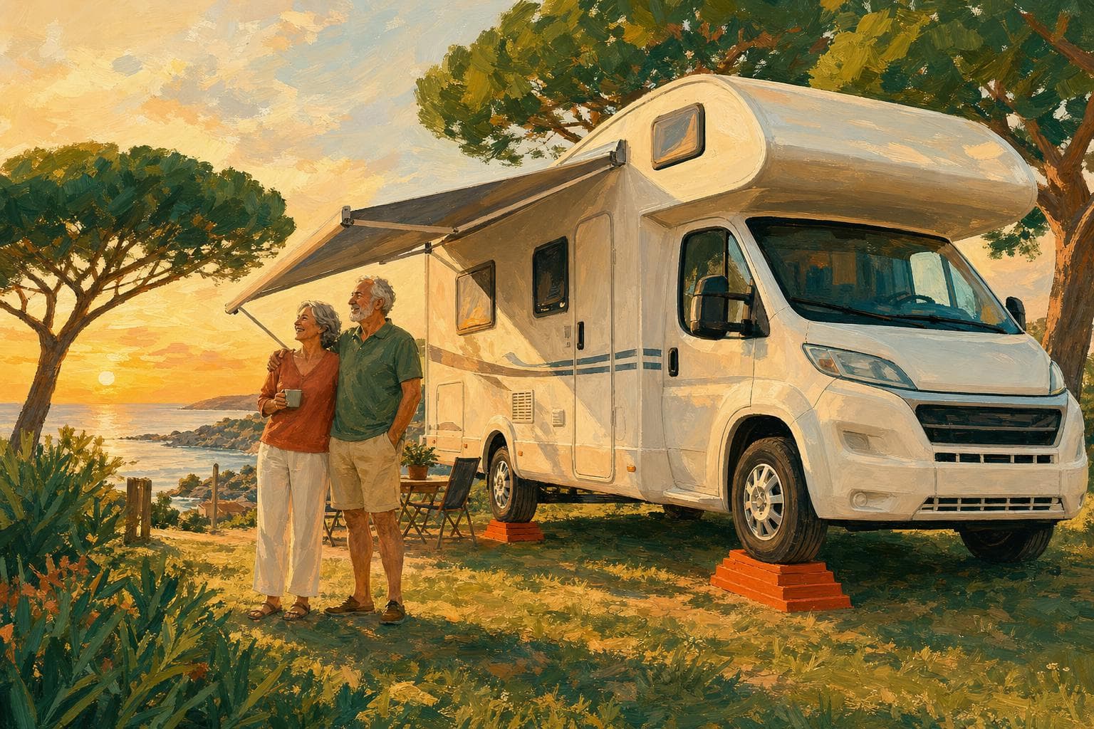 Camping-car intégral blanc stationné sur une aire herbeuse légèrement en pente au bord de mer, roues gauches surélevées sur des cales étagées orange pour être parfaitement de niveau, un couple de seniors souriant à côté sous l’auvent