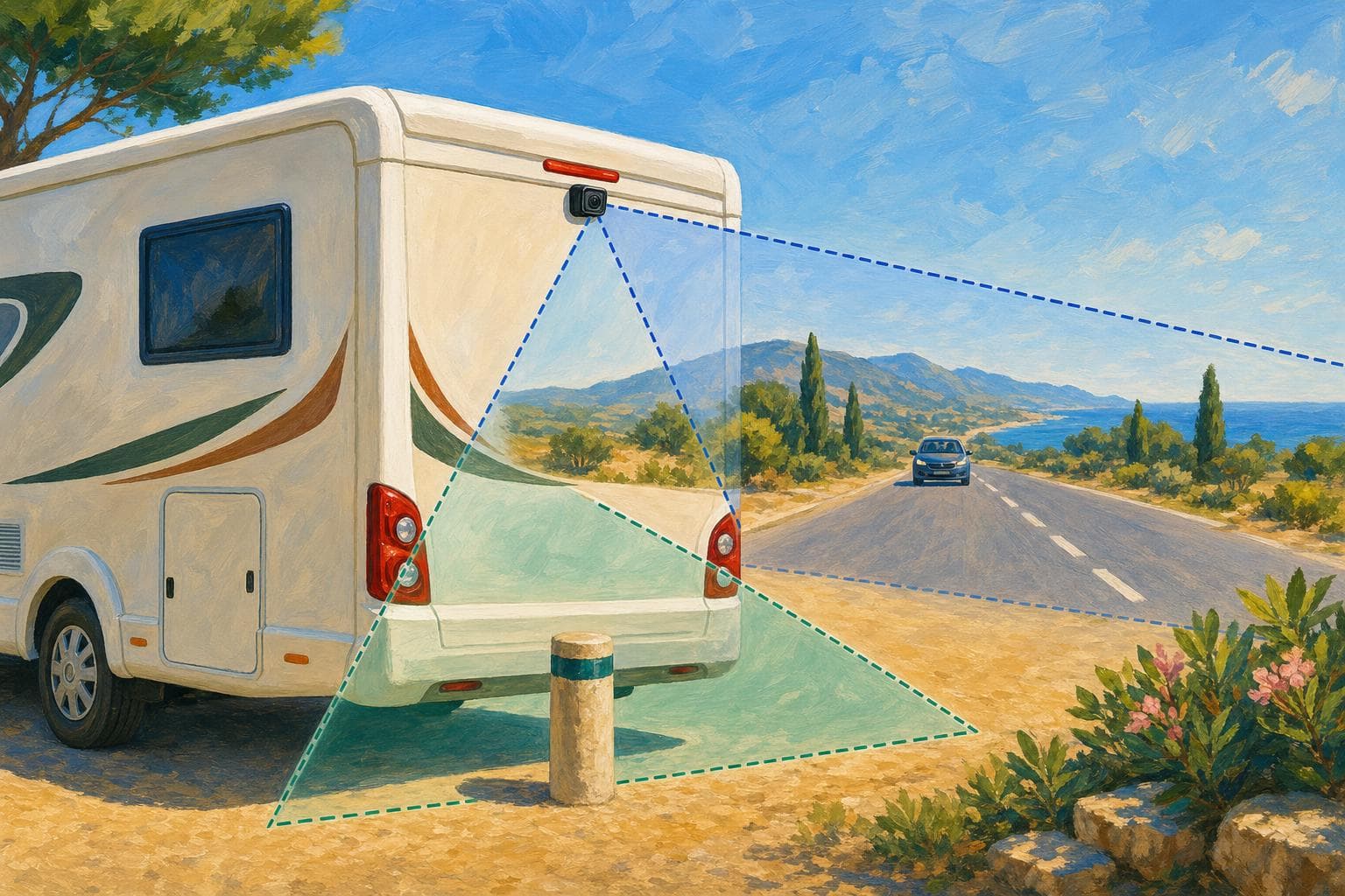 Schéma peint de l'arrière d'un camping-car : une caméra placée en haut projette deux cônes de vision, l'un vers le sol pour la manœuvre, l'autre vers l'horizon pour voir la route en roulant