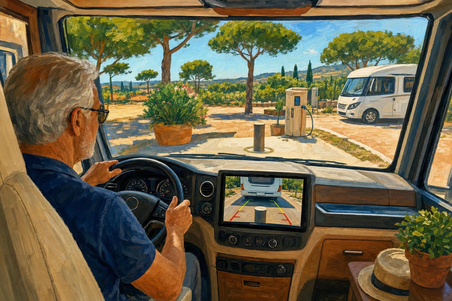 Vue depuis la cabine ensoleillée d'un camping-car qui recule sur une aire, un petit écran de recul au tableau de bord affichant l'arrière du véhicule et des lignes de guidage