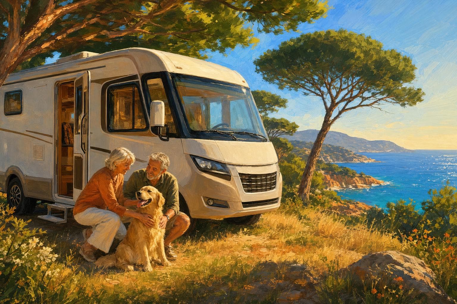 Illustration gouache : chien heureux à bord d’un camping-car, tête à la fenêtre de la cellule