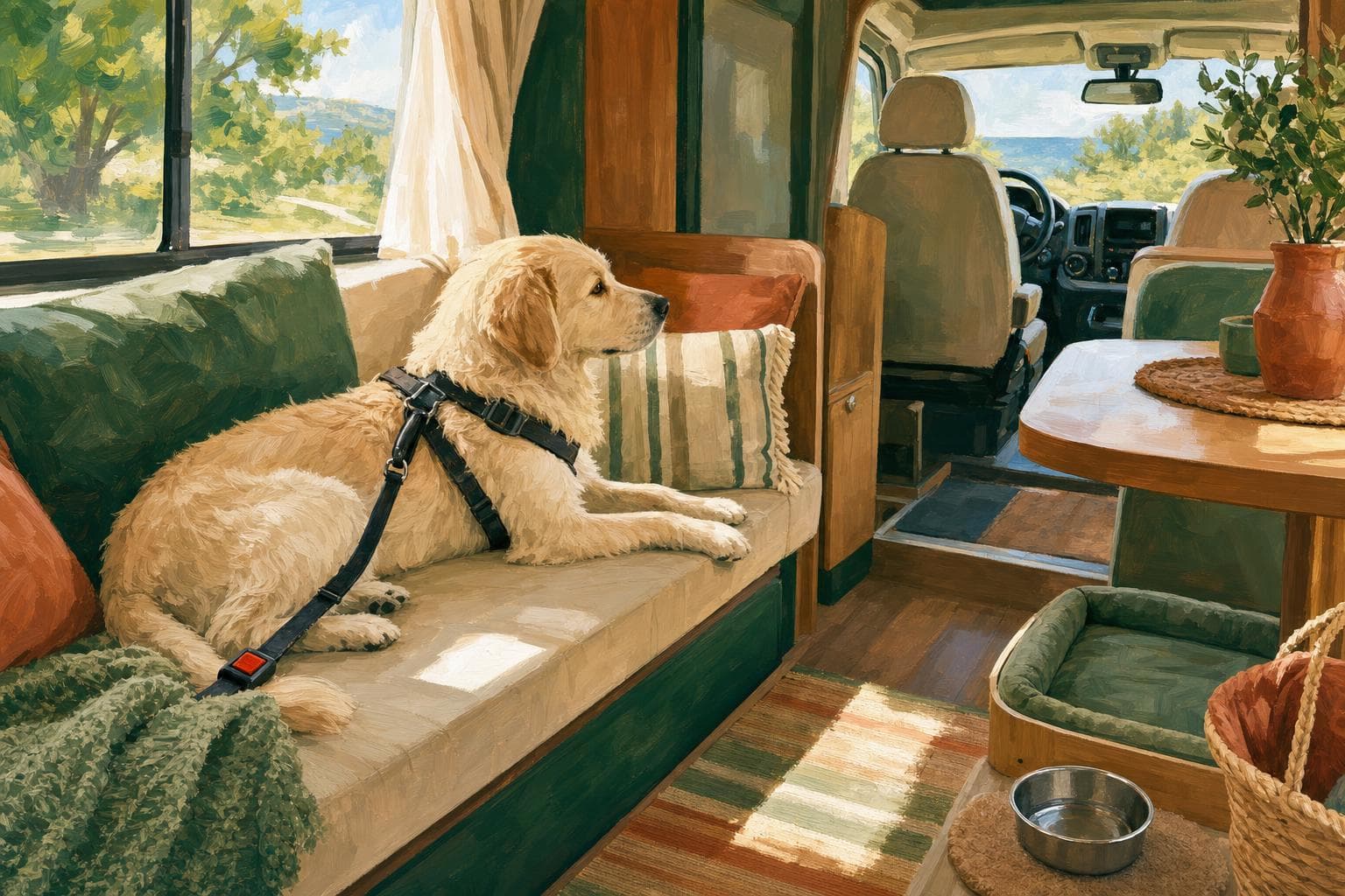 Intérieur lumineux d’une cellule de camping-car, un chien calme installé sur la banquette portant un harnais de sécurité dont la sangle est attachée à la ceinture, avec à côté un coussin et une gamelle d’eau