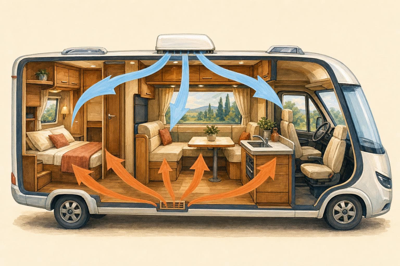 Illustration en coupe d’un camping-car : la climatisation de toit diffuse de l’air frais vers le bas (flèches bleues) tandis que le chauffage au sol renvoie de l’air chaud vers le haut (flèches oranges)