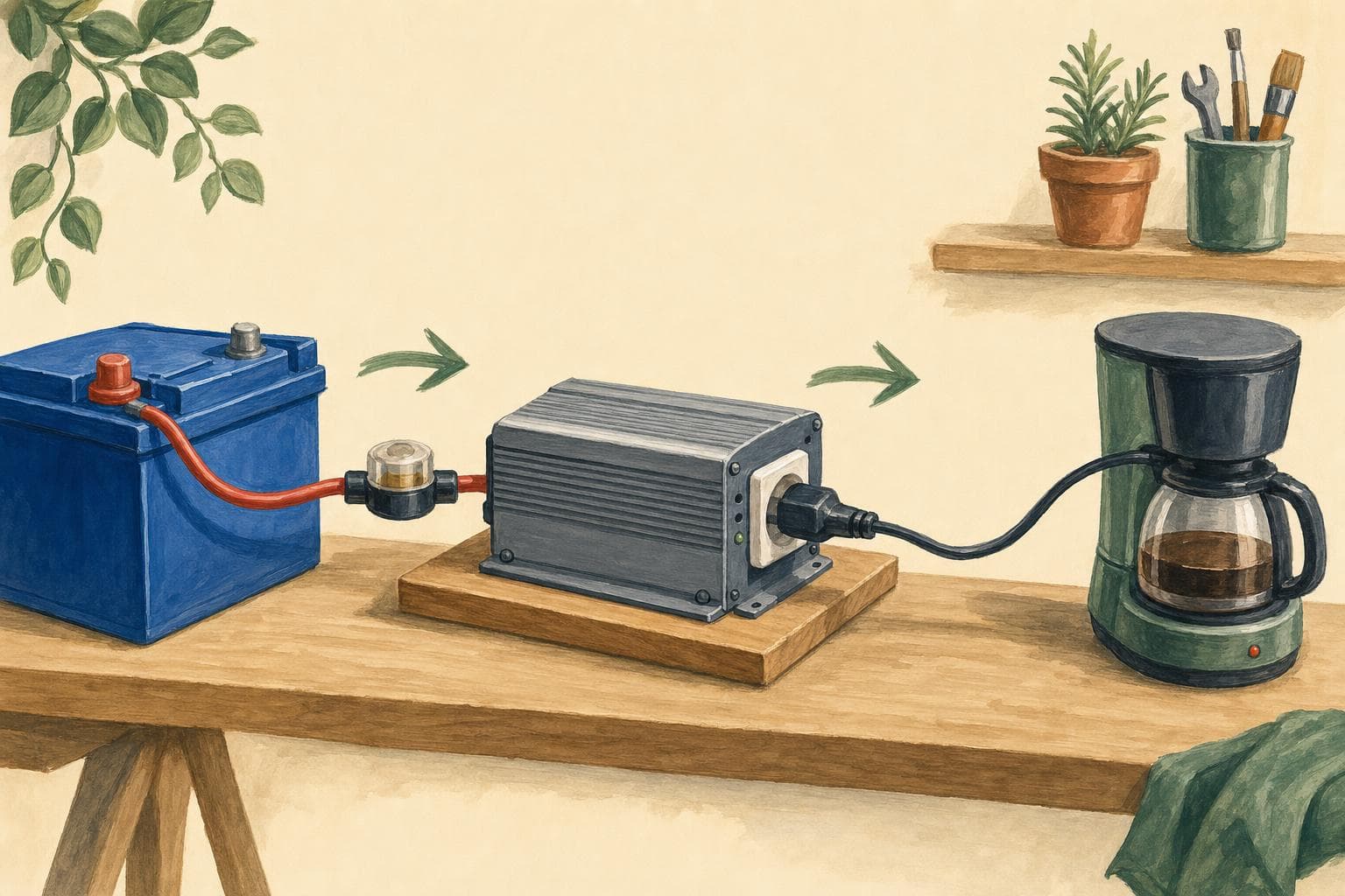 Schéma peint : une batterie 12 V reliée par un câble et un fusible à un convertisseur, qui alimente une prise 230 V branchée sur une cafetière