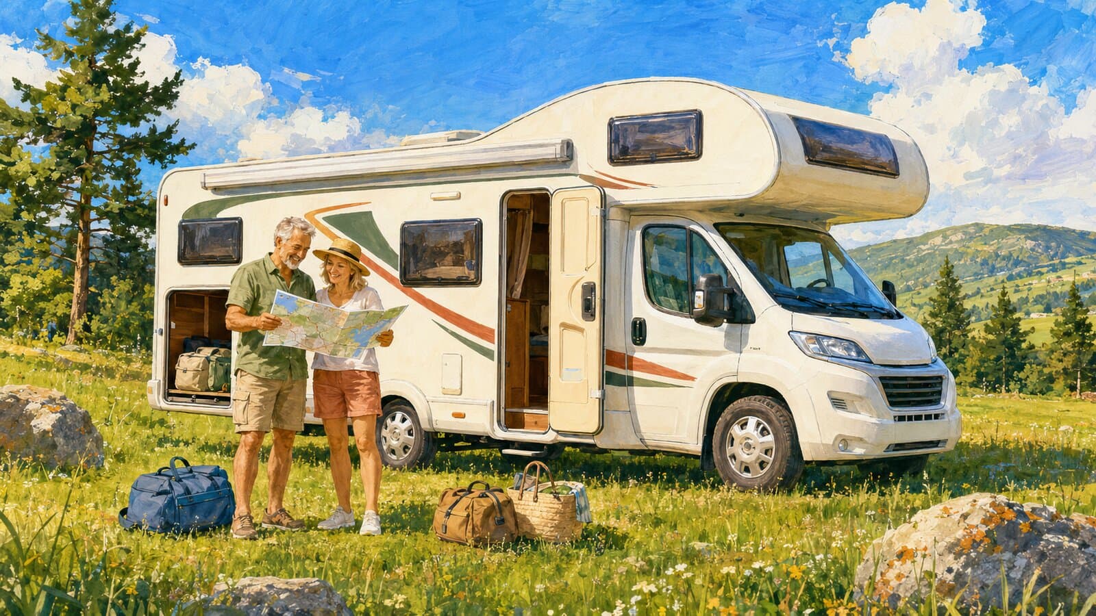 Illustration gouache : un couple de retraités découvre son premier camping-car