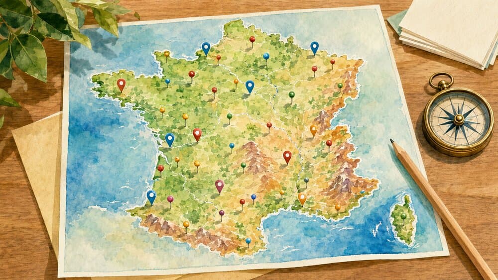 Illustration peinte : une carte de France parsemée d'épingles d'aires, avec une boussole