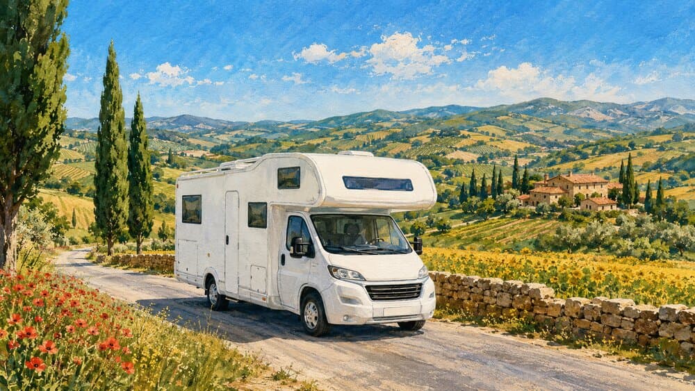 Illustration peinte : un camping-car capucine sur une petite route de campagne française ensoleillée