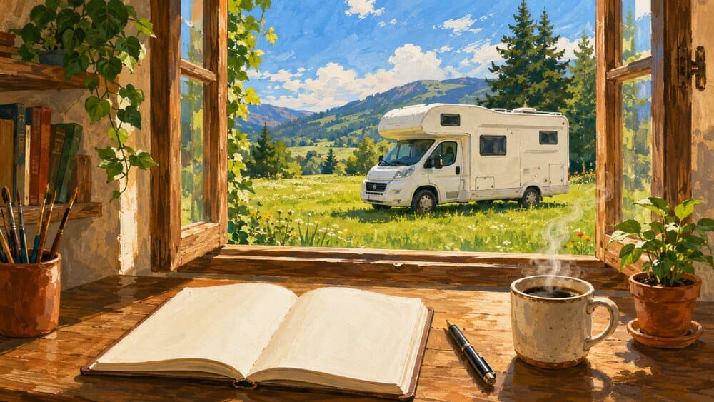 Illustration peinte : un bureau face à une fenêtre ouverte sur un camping-car dans une prairie ensoleillée