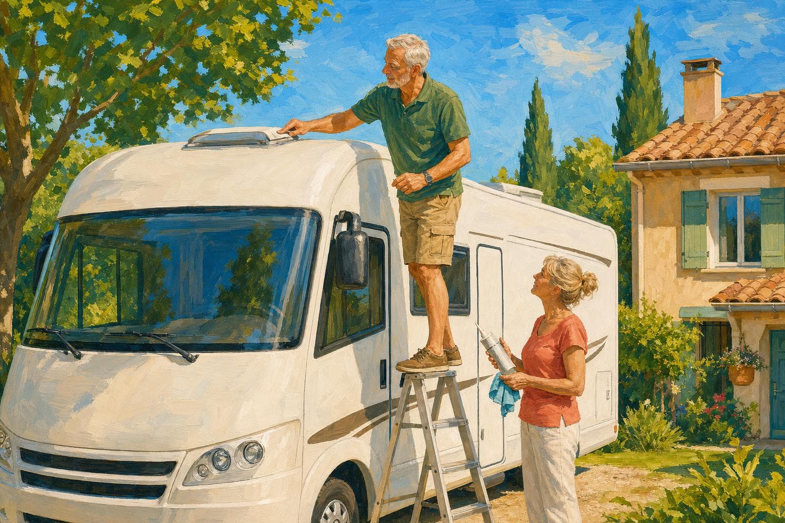Illustration gouache : contrôle des joints de toit d’un camping-car