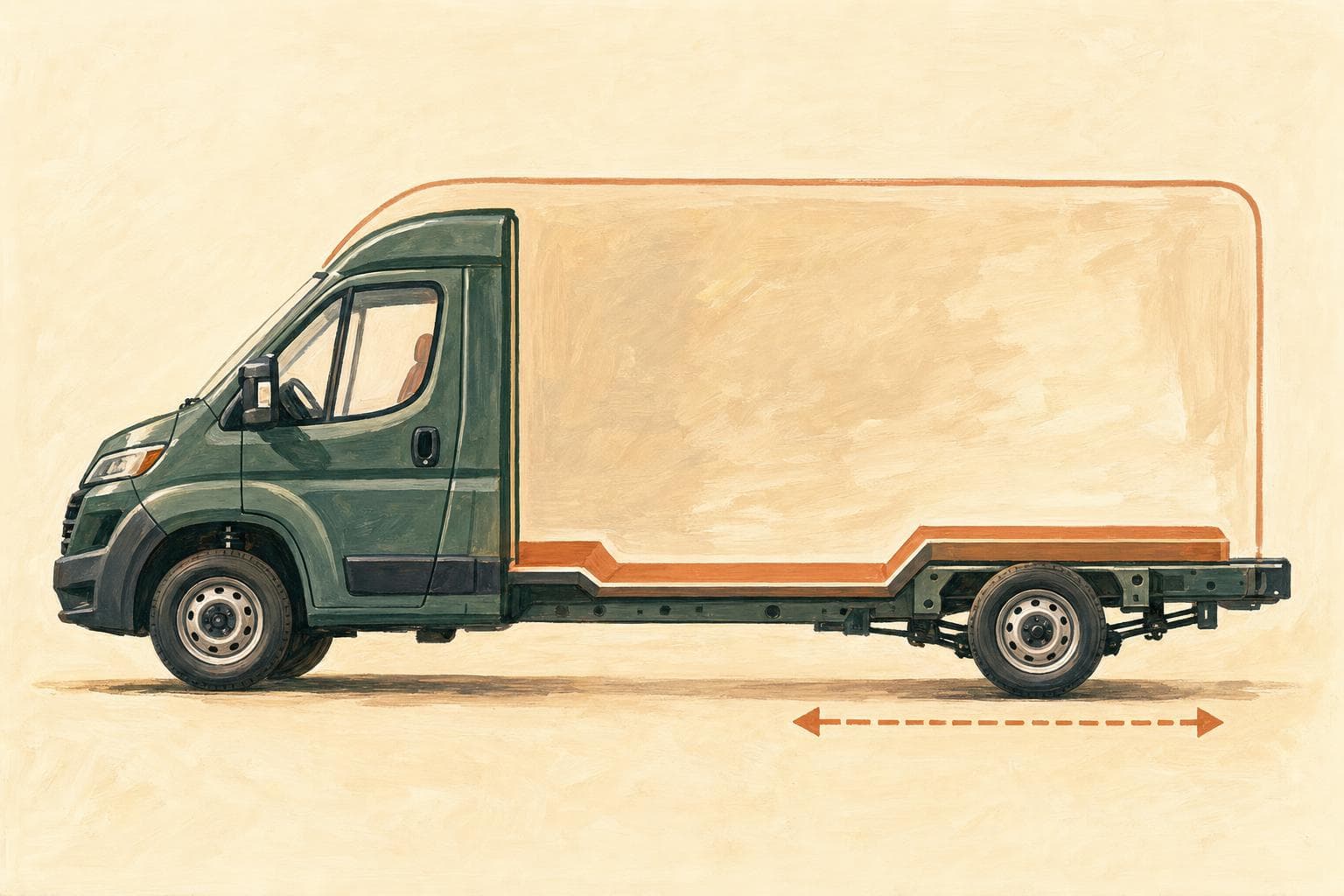 Schéma peint à la gouache d’un châssis-cabine Fiat Ducato pour camping-car, vu de profil : cabine à l’avant, plancher surbaissé et plat, voie arrière élargie, traction avant