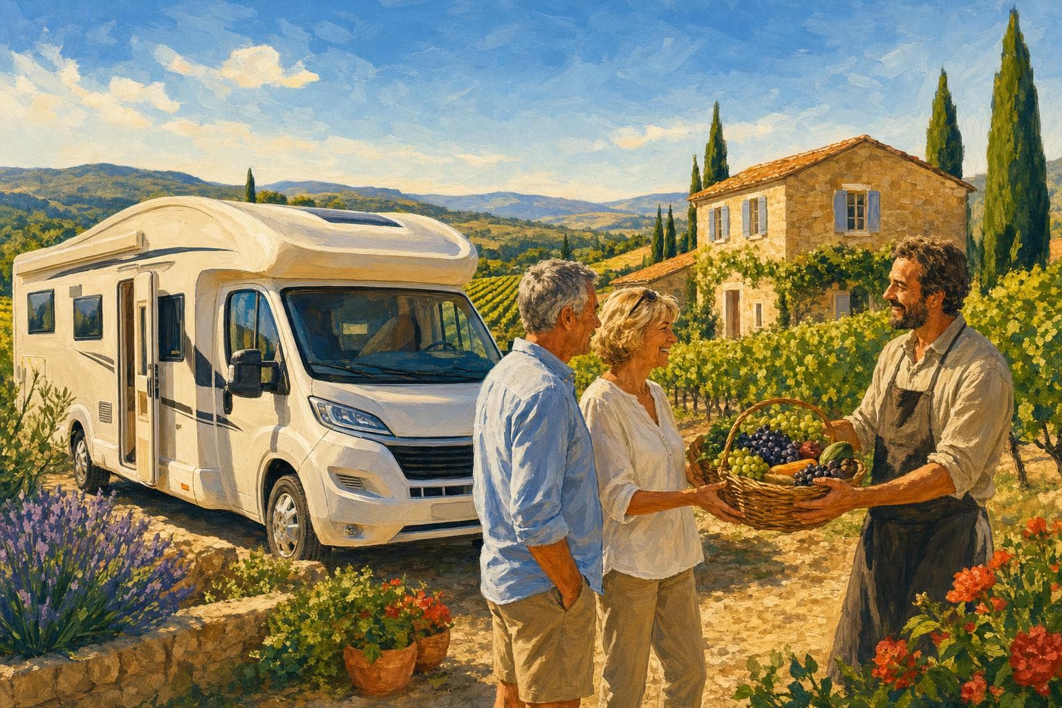 Camping-car capucine garé pour la nuit dans une cour de vignoble de Provence, un producteur tendant un panier de raisins et de produits à un couple de camping-caristes