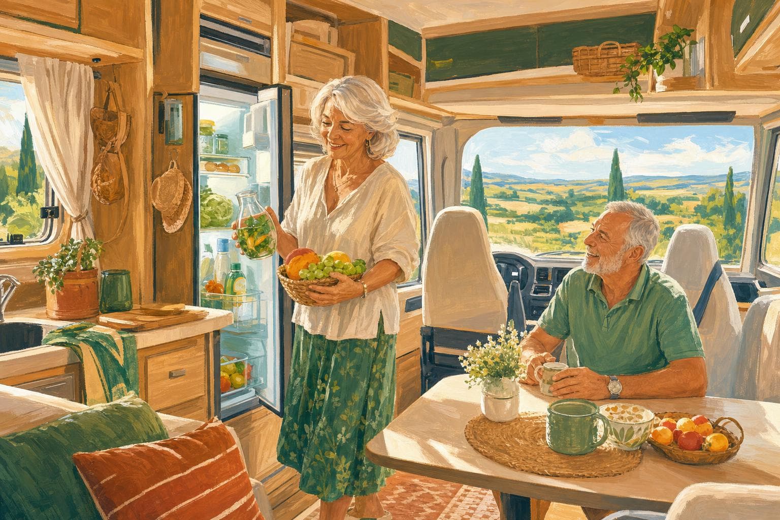 Illustration gouache : frigo de camping-car ouvert, cellule ensoleillée