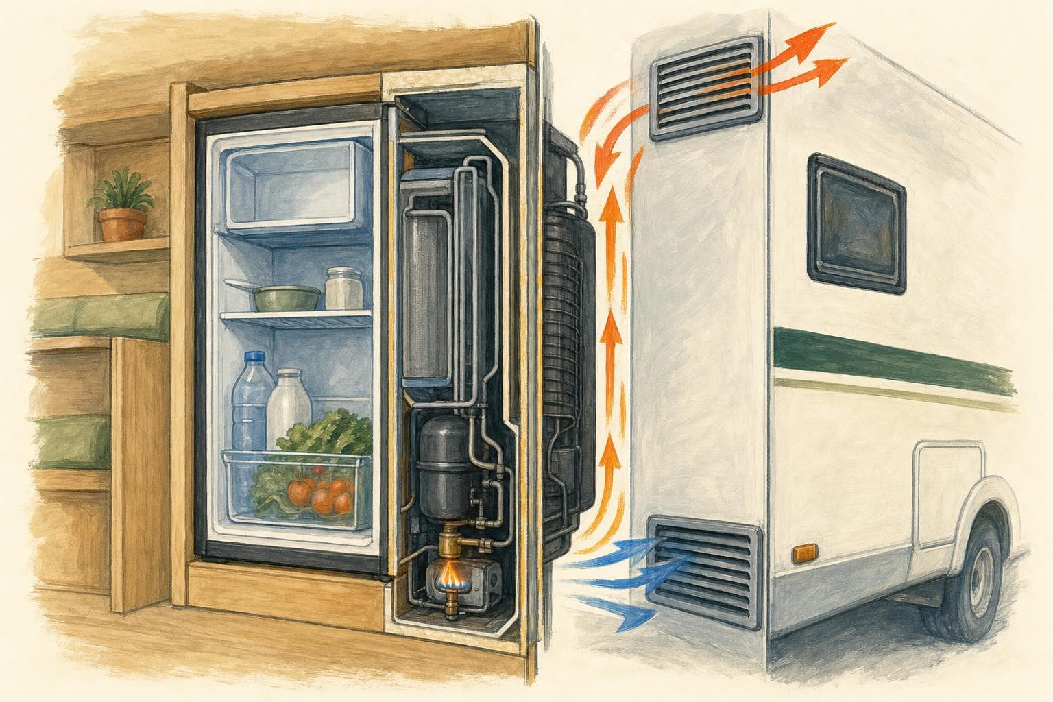 Schéma peint d’un frigo à absorption de camping-car : meuble encastré, grilles d’aération basse et haute sur la paroi extérieure, flèches montrant l’air frais qui entre en bas et l’air chaud qui monte le long de l’agrégat