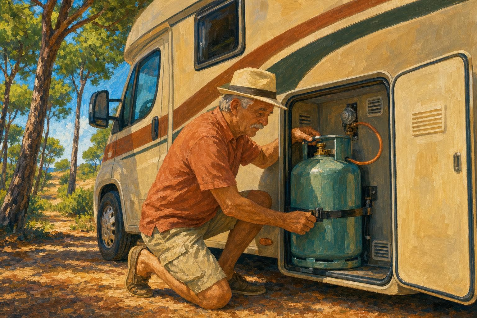 Illustration gouache : vérification d’une bouteille de gaz dans la soute d’un camping-car