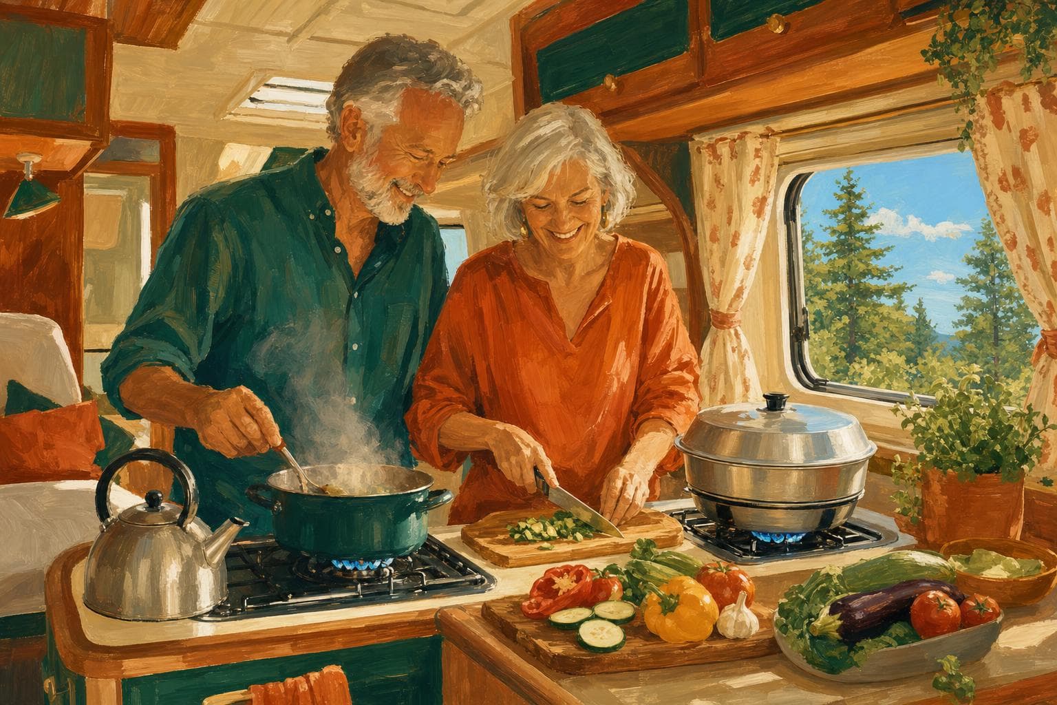 Illustration gouache : cuisine au gaz dans un camping-car, four Omnia sur la plaque